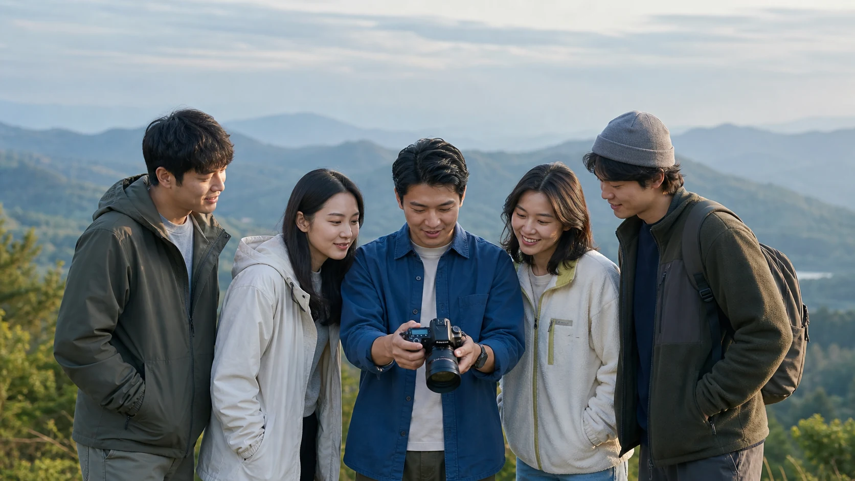 成员正在共同检查山顶合照